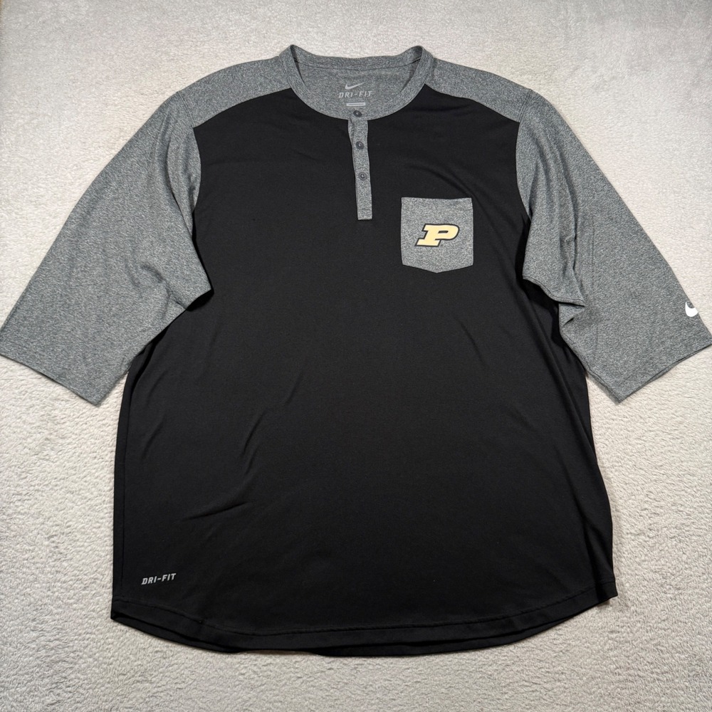 Nike Purdue Boilermakers Henley Tee Shirt Mens XL Black Grey Dri-FIT Baseball